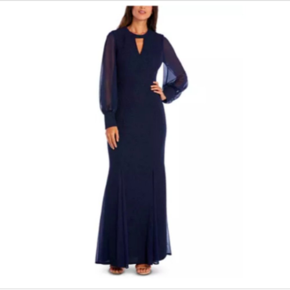 Nightway Long-Sleeve Keyhole Mermaid Gown Glitter